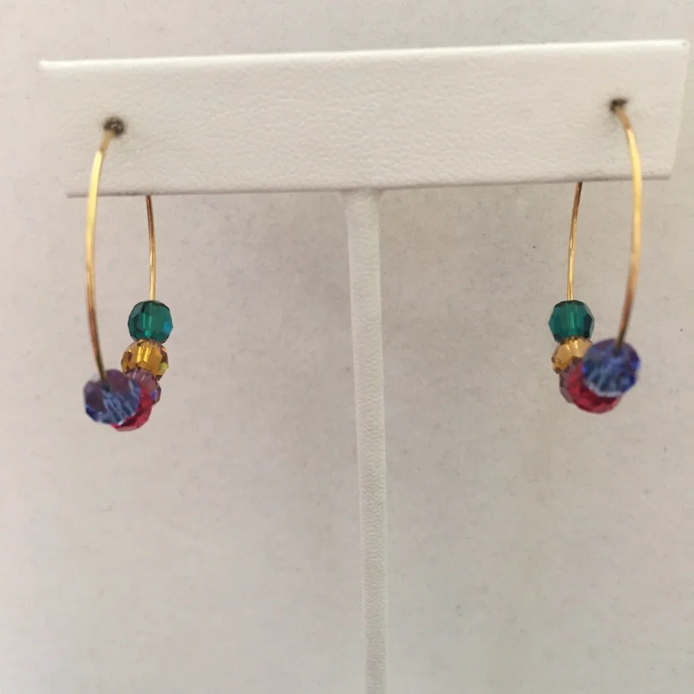 HAND CRAFTED Hoop Earrings Jewel-tone Swarovski Crystals Goldtone Hoops Rainbow